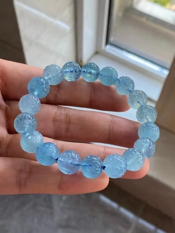 

Natural Blue Aquamarine Quartz Clear Round Carved Beads Bracelet Jewelry 10.8mm Fsahion Wealthy Stone For Women Men AAAAAAA