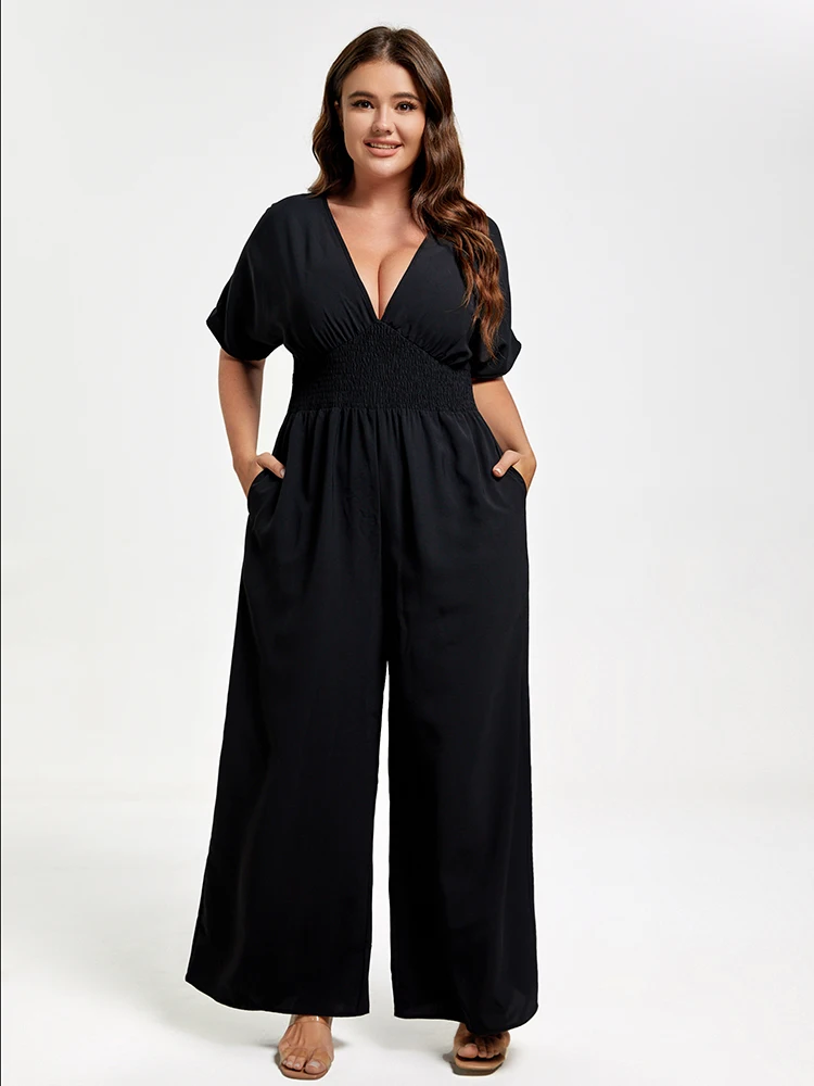 Grote Maat Kleding Taille Dolman Mouw Jumpsuit Met Zakken Dames Casual Shirt Wijde Pijpen Broek Rompertjes Kantoor Jumpsuit