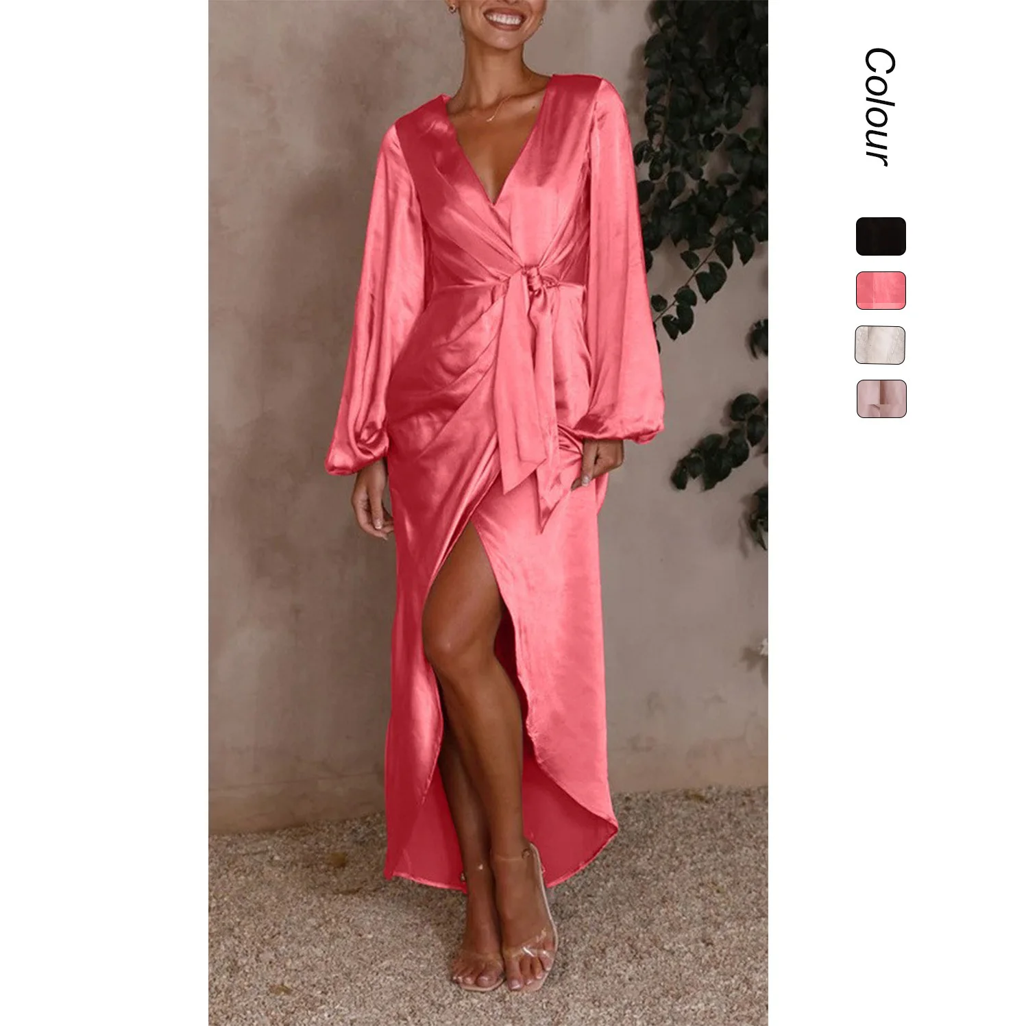 2025 Zomer sexy V-hals taille-kalkende stropdas satijnen lantaarnmouwen jurk - 23126