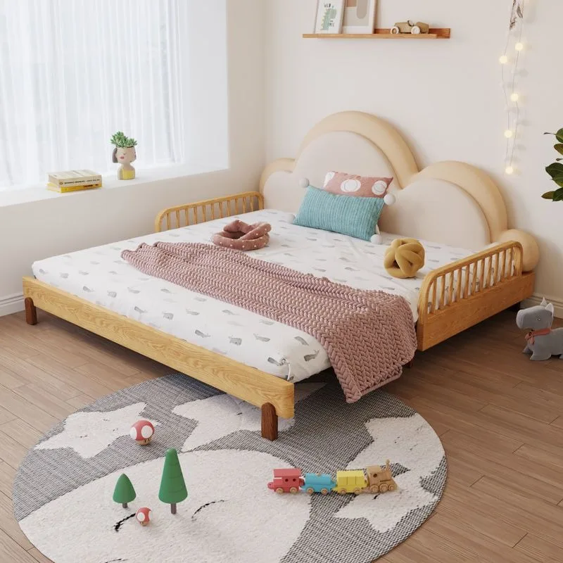 Cartoon bed Boys bed, solid wood with guardrail splicing telescopic push-pull widening bed Girls and pull-out bed