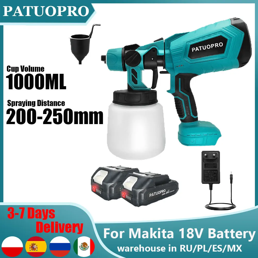 Pistola pulverizadora elétrica sem fio, portátil, pulverizador de tinta, móveis automotivos, revestimento de aço, aerógrafo, ferramentas elétricas domésticas para makita, bateria de 18v