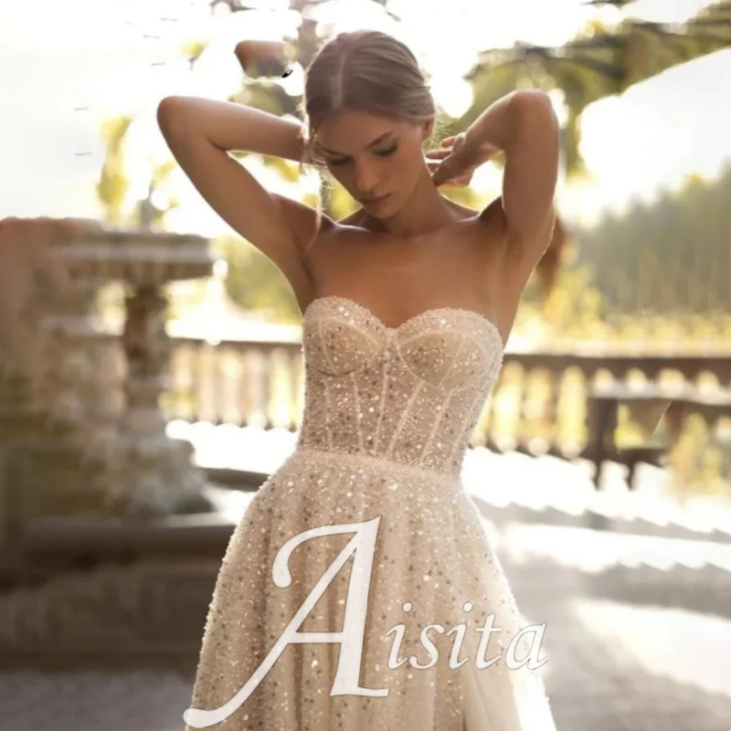 A-line Sequin Wedding Dresses Sexy High Slit Bridal Detachable Sleeve Gorgeous Bridal Gowns Glitter Wedding Dresses