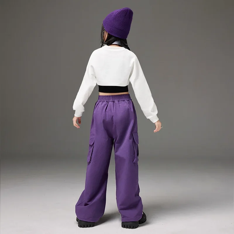 Kpop Children Clothing White Crop Tops Black Vest Purple Cargo Pants 3pcs Girls Jazz Dancing Outfits Ballroom Hip Hop Dance Wear