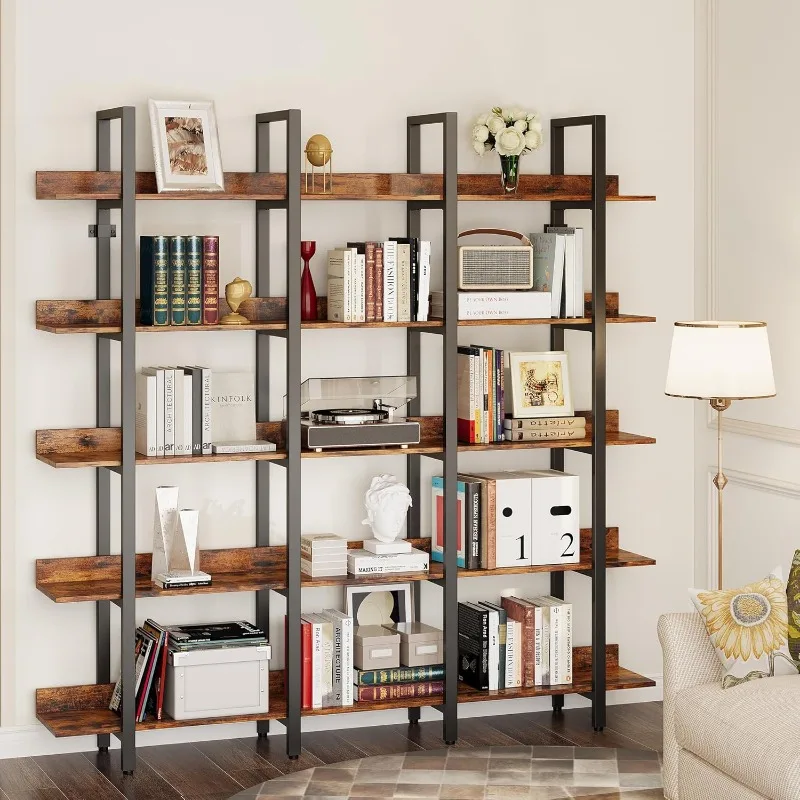 Bookcase and Bookshelves Triple Wide 5 Tiers Large Open Shelves, Etagere Bookcases with Back Fence for Home Office Decor