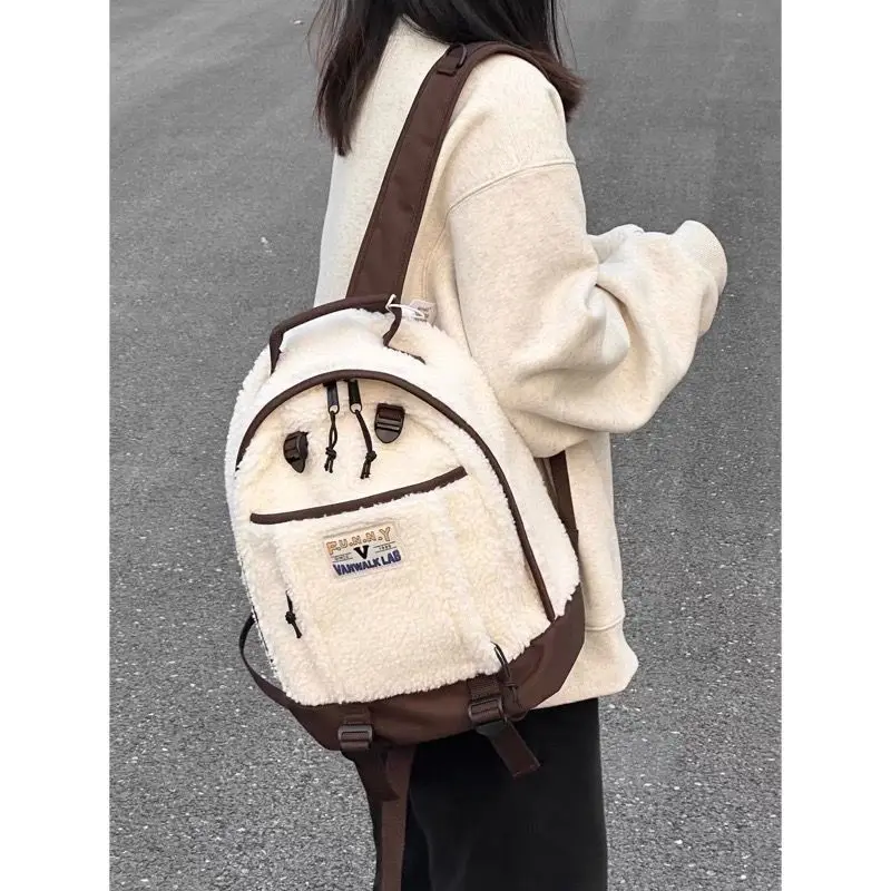 Miyagawa Cute Girls Student Backpack Retro Style Lambwool Backpacks 2022 New Fashion Contrast Color Schoolbags