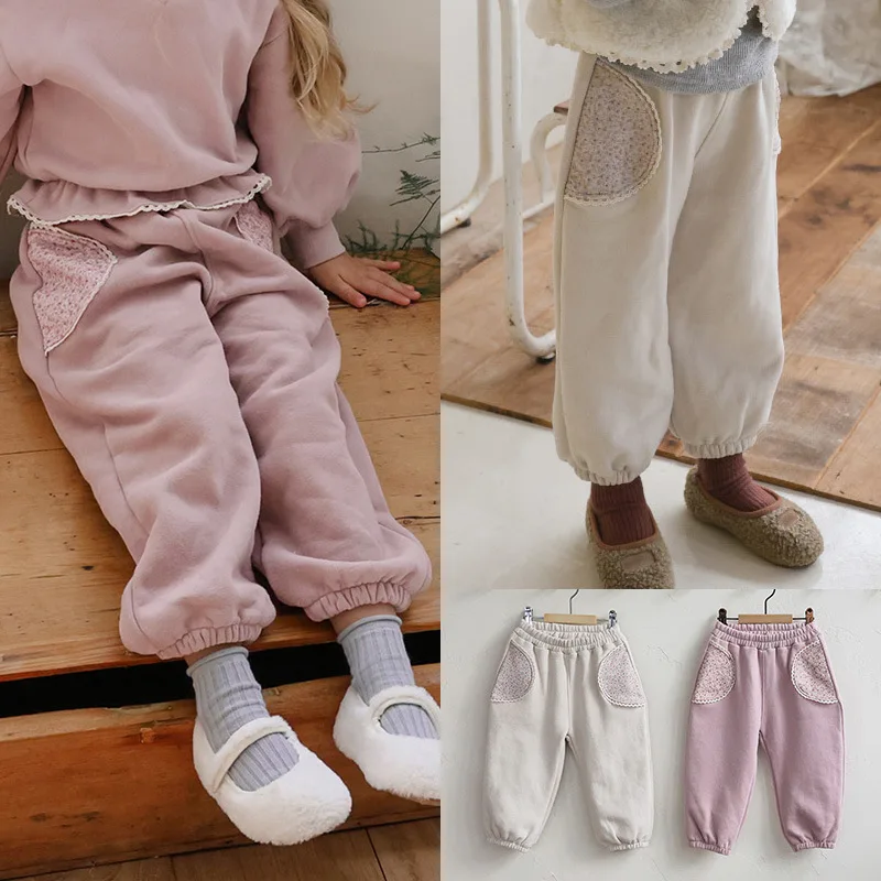 2025 Winter New Style and Casual Korean Children and Girls Fashionable Floral Lace Plus Velvet Sweatpants Casual Pants