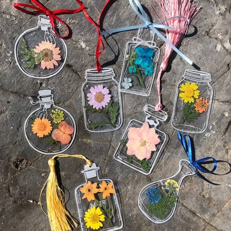 Marcapáginas de flores secas transparentes de 20 piezas, marcapáginas Diy para estudiantes, pegatinas de botellas de deseos, Clips de página de flores, marcapáginas de regalo para niños