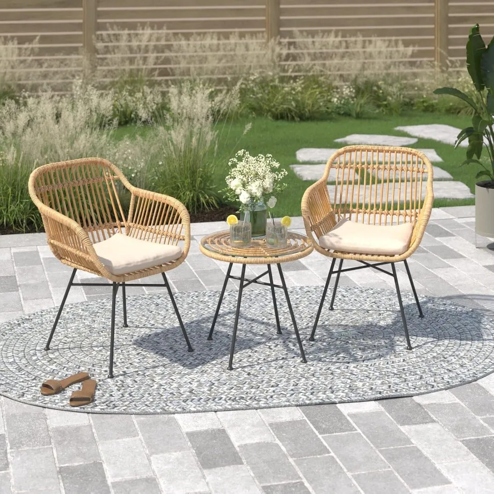 

3pcs Outdoor Bistro Chair Set Patio Conversation Wicker Chairs Glass Table with Seat Cushions, Beige, Customized