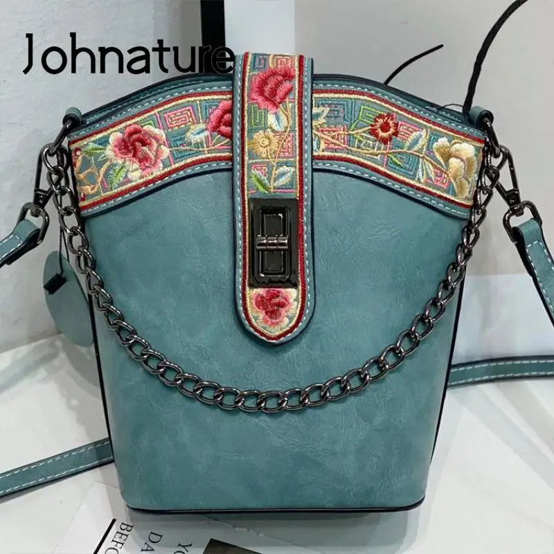 

Johnature Retro Embroidery Women Leather Bag 2024 New Chinese Style Cheongsam Handmade Leisure Shoulder & Crossbody Bags