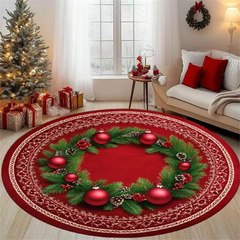 Christmas Wreath Round Carpet Red Xmas Ball Pine Cone Berry Area Rug Winter Holiday Circular Floor Mat for Living Room Bedroom
