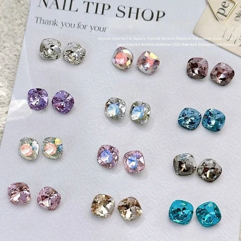 6Pcs High Quality Multi-faceted Fat Square Pointed Back Nail Rhinestones, Sparkly 8MM Large Glass Crystal Nail Cluster Decor