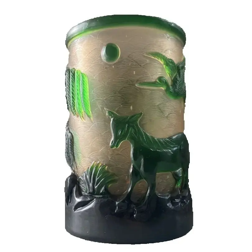 Collection Beijing Glaze Carved Willow Tree Statue Nice Horse Brush Pot Rare Art