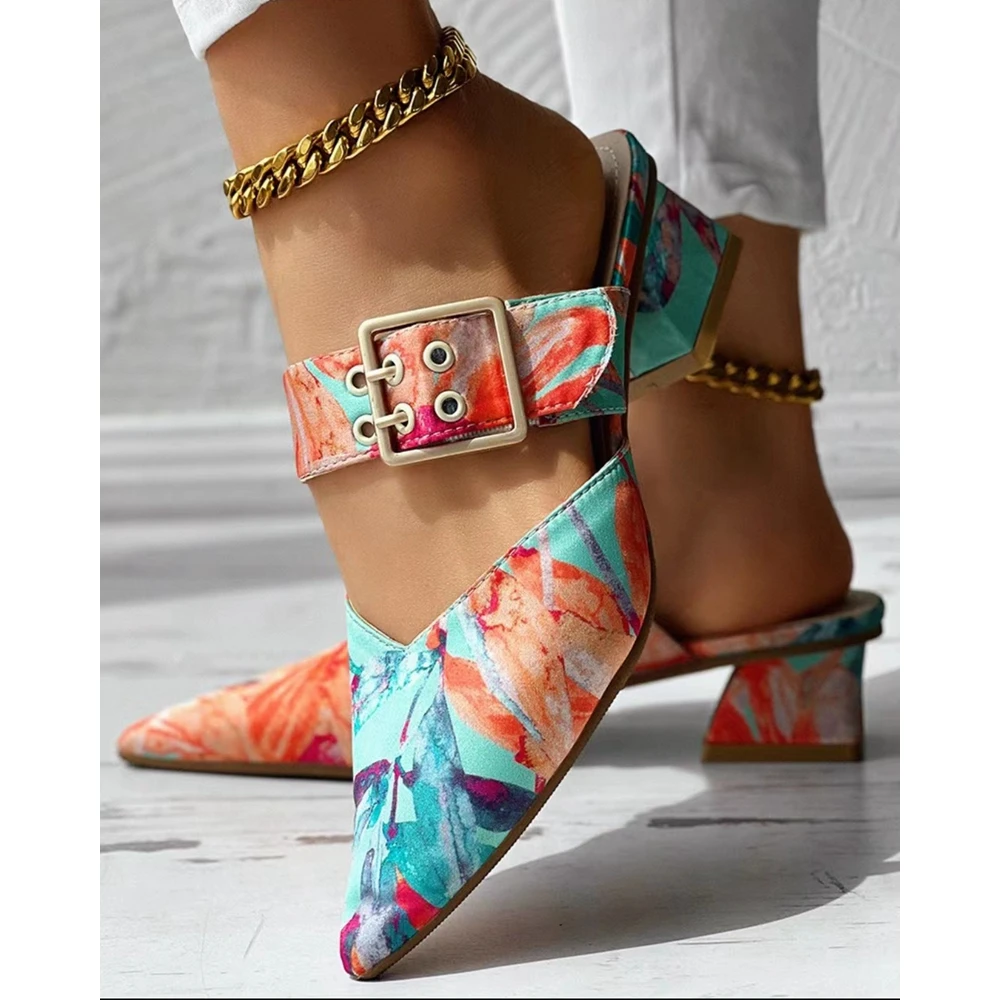 Summer Fashion Women Buckled Strap Point Toe Chunky Heel Mules Korean Style Abstract Print Slippers Sandals Traf