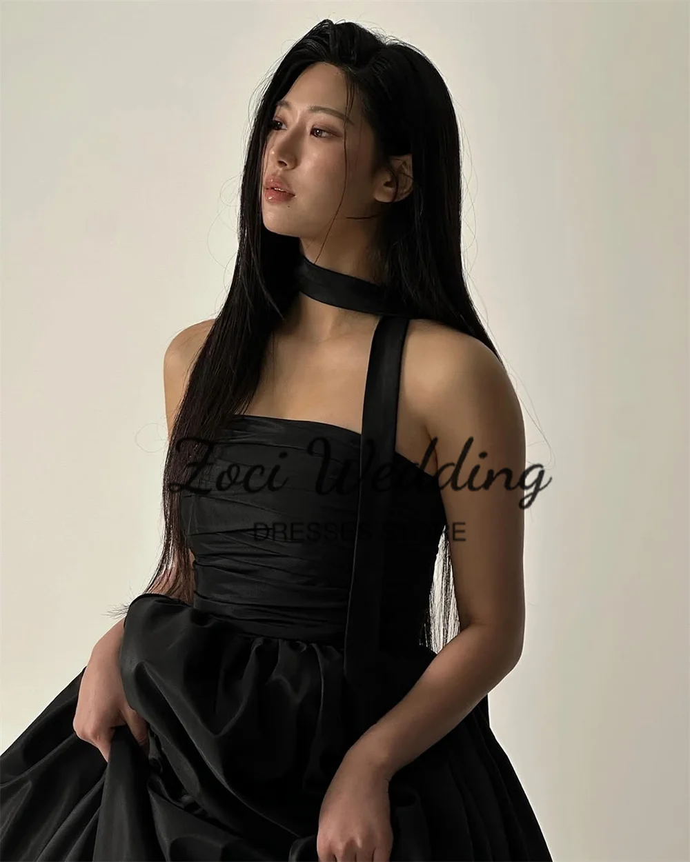 Zoci Modern Strapless Korea Wedding Dresses Black A Line Photos Shoot Dress Customized Taffeta Floor Wedding Reception Dress