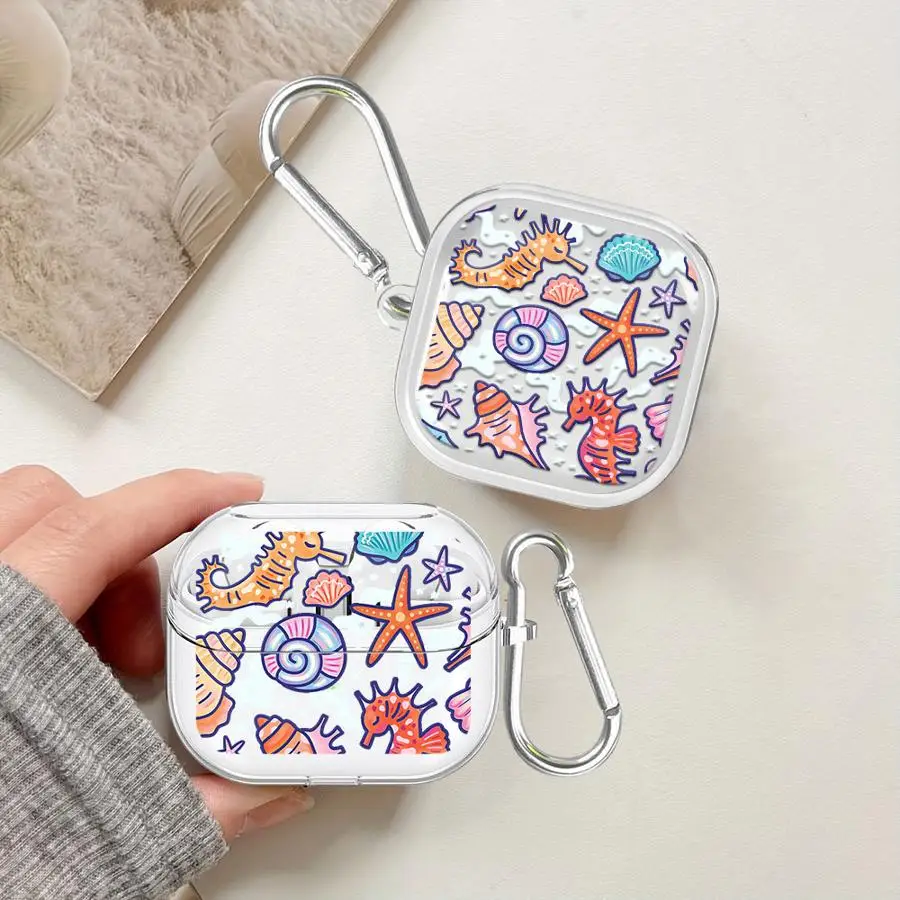 Case For Samsung Galaxy Buds 2 2Pro 4 Pro 4Pro 3Pro Live 3 FE Clear Earphone Cases Cover With Hook Cartoon Marine Creatures