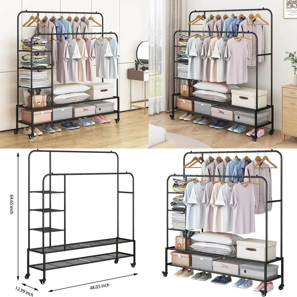 

Heavy-Duty Portable Garment Rack with Metal Shelf for Coats and Shirts, Black (Black + Double Rods + Shelf)