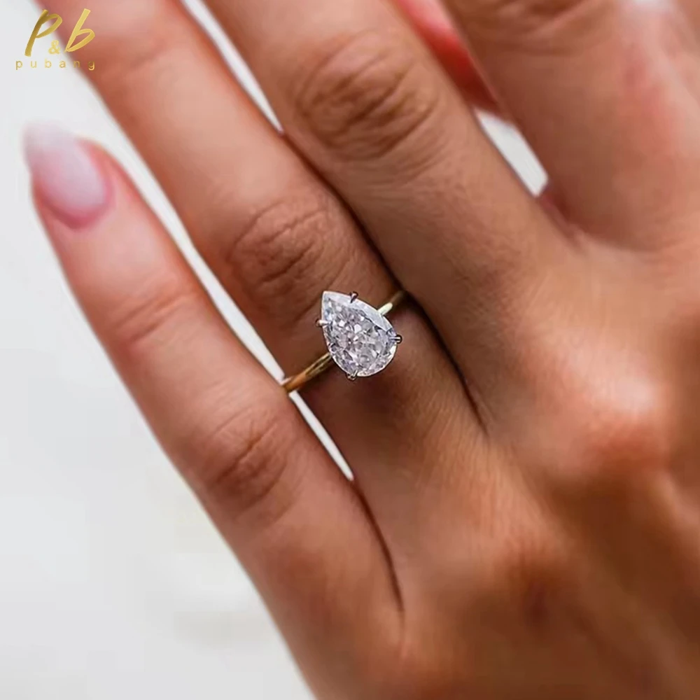 

Кольцо PuBang 3EX VVS1 D цвета 3,7 карата с настоящим муассанитом, измельченная ледяная груша, двухцветное желтое кольцо 14 карат и белые когти для женщин