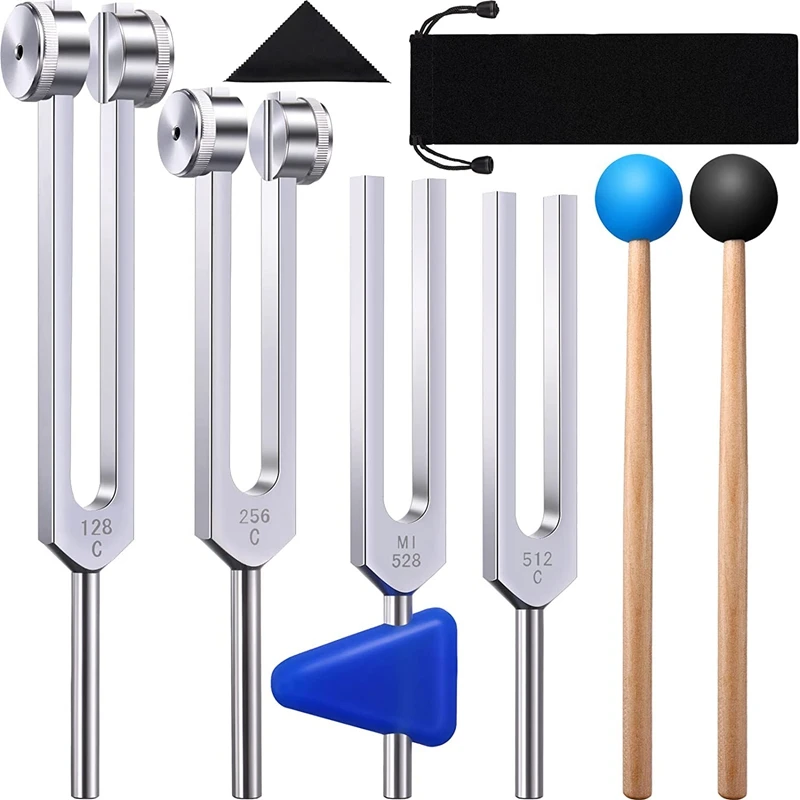 HOT SALE 4 Pack Tuning Fork Set(128 Hz,256 Hz,512 Hz,528 Hz)with Tuning Fork Hammer for Sound Sound Vibration Tools