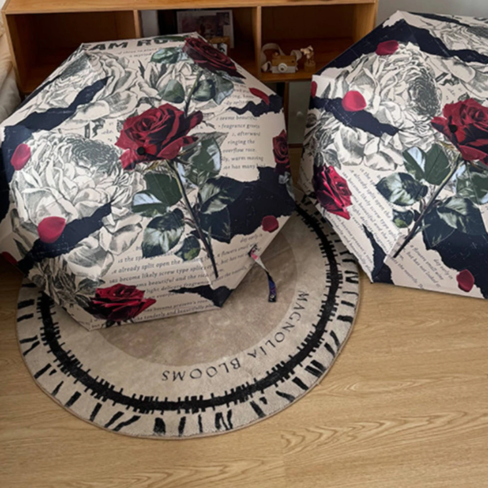 Floral Print Umbrella Foldable Flower Print Umbrella Rain Gear Hanging Loop Folding Canopy for Travel