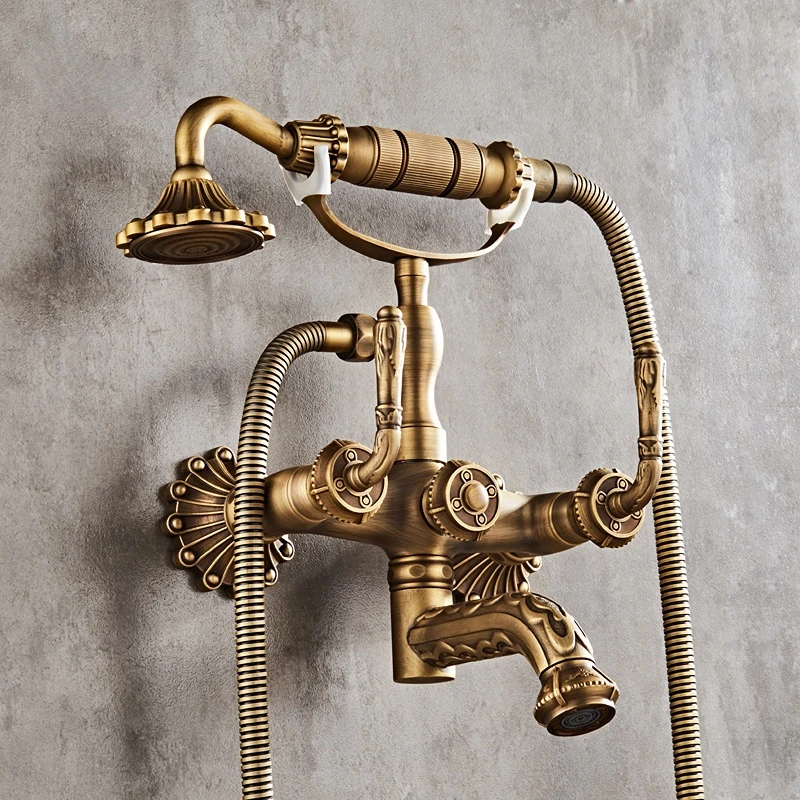 Imagem -03 - Antique Brass Bathtub Shower Faucets Grupo Bico de Banheira Giratória Controle Duplo Torneira Misturadora Esculpida Montado na Parede