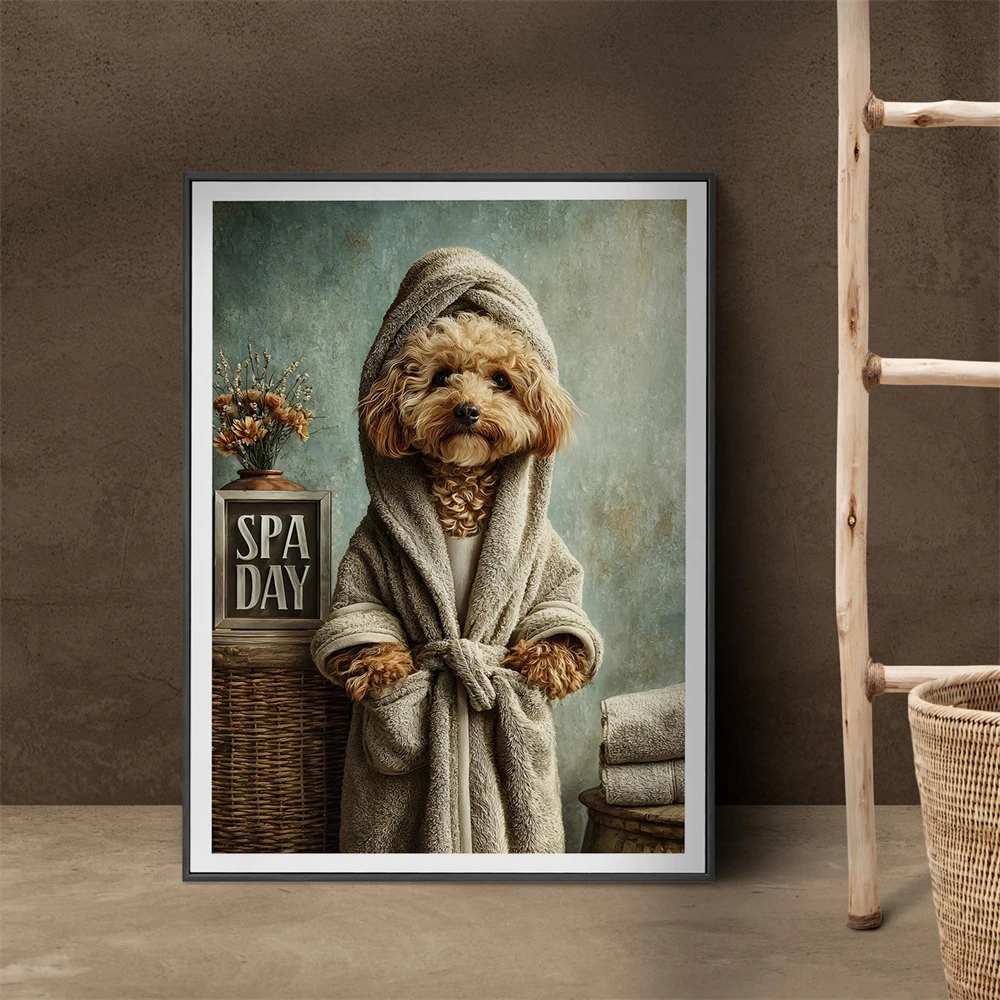Funny Poodle Bathroom Wall Art Cat Print Spa Day Relax Poster Humorous Toilet Dog Poster Funny Animal Style Bathroom Decor Gift