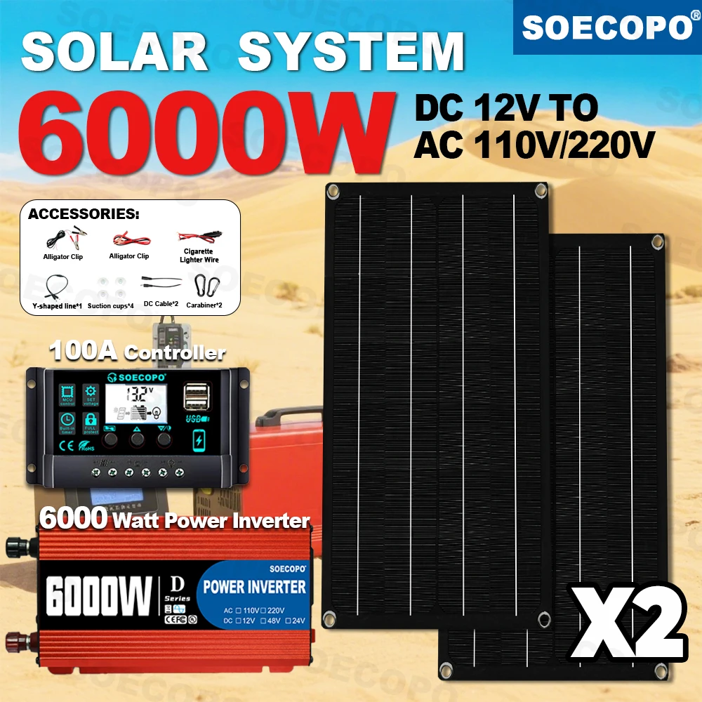 

SOECOPO 6000W Inverter Kit for RV Camping Home Solar System Set with 2 X 800W Panels 100A Controller DC 12V to AC 110V/220V