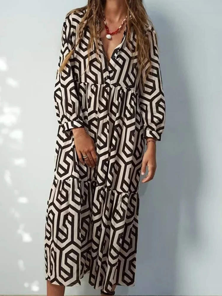 Geometrische Print Jurk Vrouwen Vakantie Strand Jurk Zomer Casual Boho Lange Jurk Vrouwelijke Losse Lange Mouw Jurk Mode Vestidos