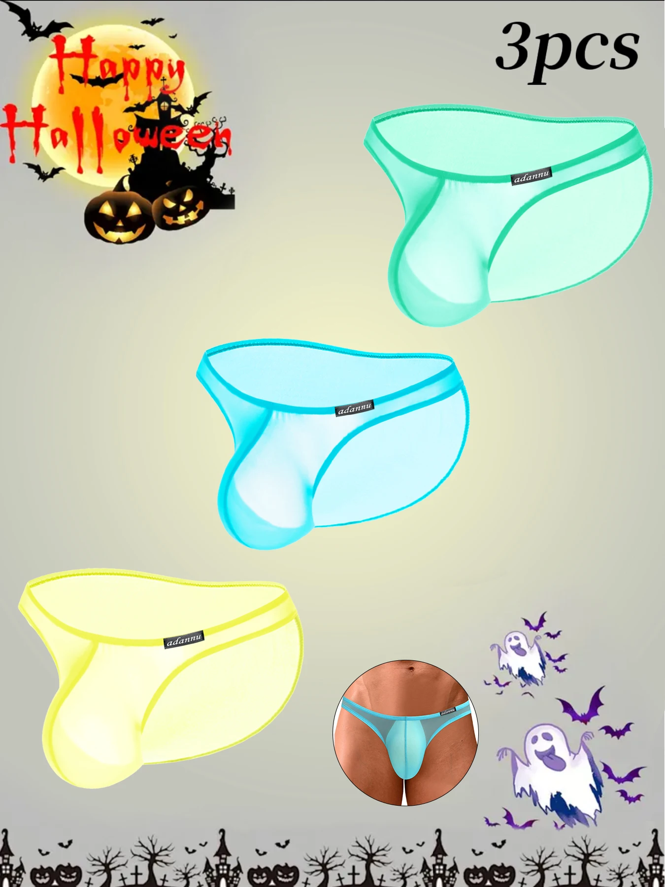 

3pcs-Mens Halloween Underwear Transparent Ice Silk Triangle Pant Sports Low Rise Quick Dry