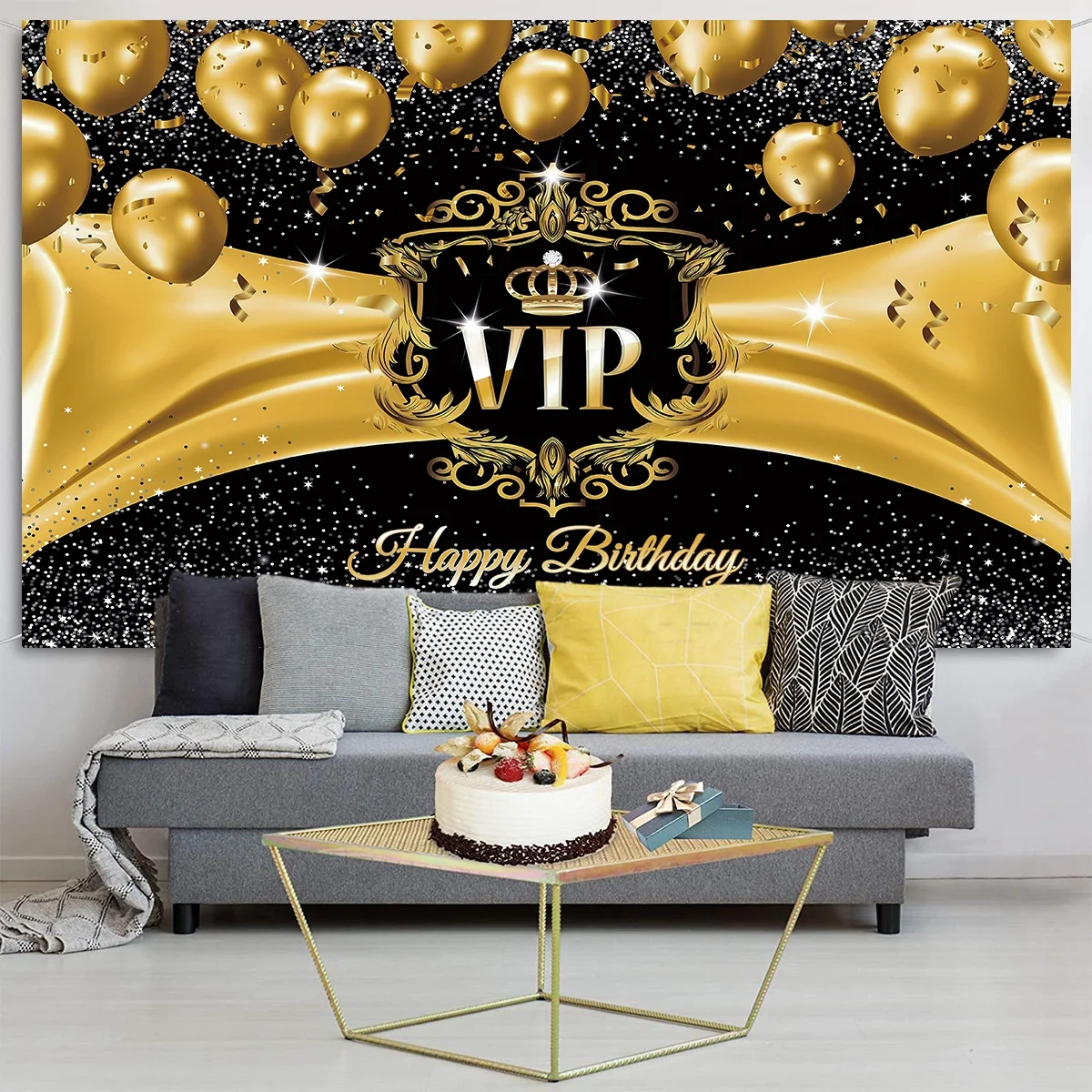 Happy Birthday Background Royal Crown Prince Gold Glitter Photo Backdrop Golden Curtain Customize Name Party Decoration Supplies