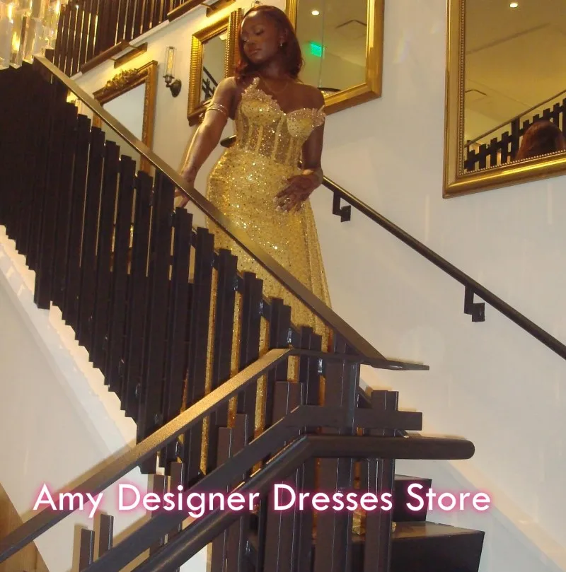 ชุดราตรีงานพรอมสุดหรู ประดับเลื่อมคริสตัล ปี 2026 สำหรับสาวผิวสี ทรงเมอร์เมด คอวี ผ่าข้าง งานปาร์ตี้  สามารถสั่งตัดได้