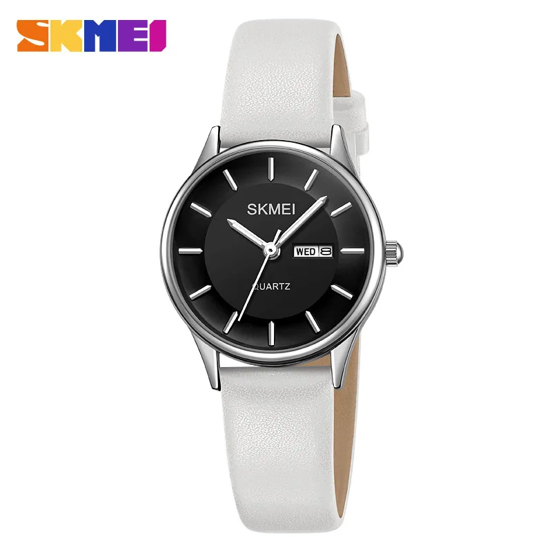 SkmeiWomen's Round Simple Dial Quartz Watch30M นาฬิกาปฏิทินเข็มขัดกันน้ํา