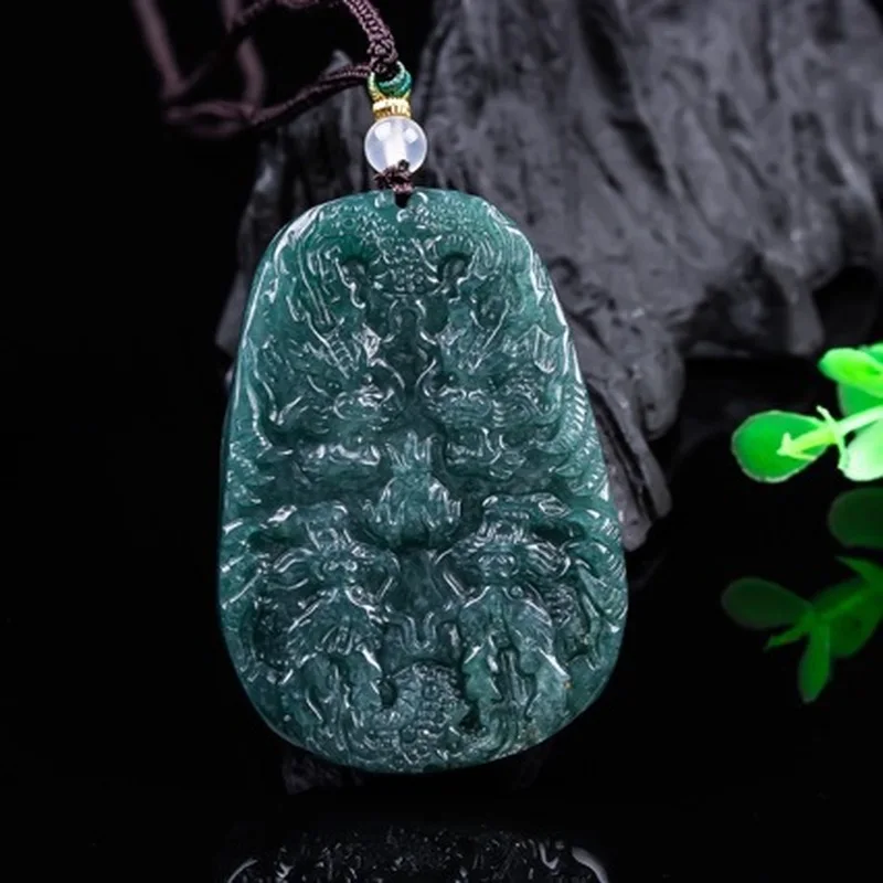 Natural Grade A Ice Jade Zodiac Pendant, Blue Water Nine-Dragon Jadeite Ornament for Men and Women