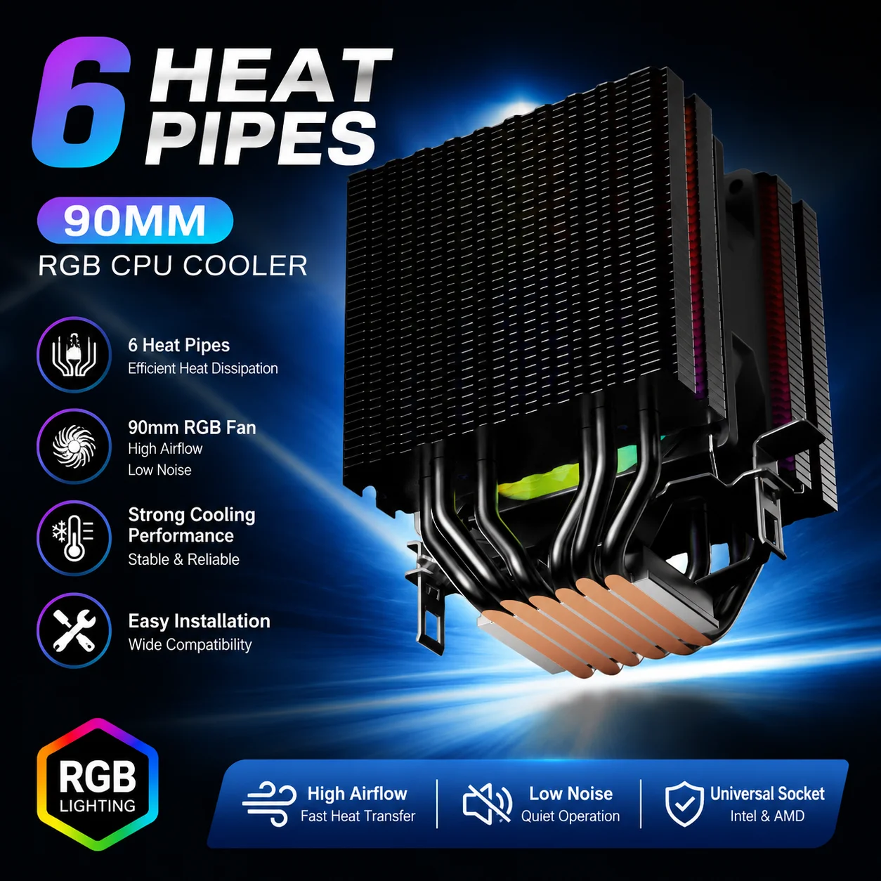 Silent Office Computer Cooler RGB CPU Fan 6 Heat Pipe 4pin/PWM Air-cooled for LGA115X 1200 2011 2066 X79 X99 AMD AM4  AM5