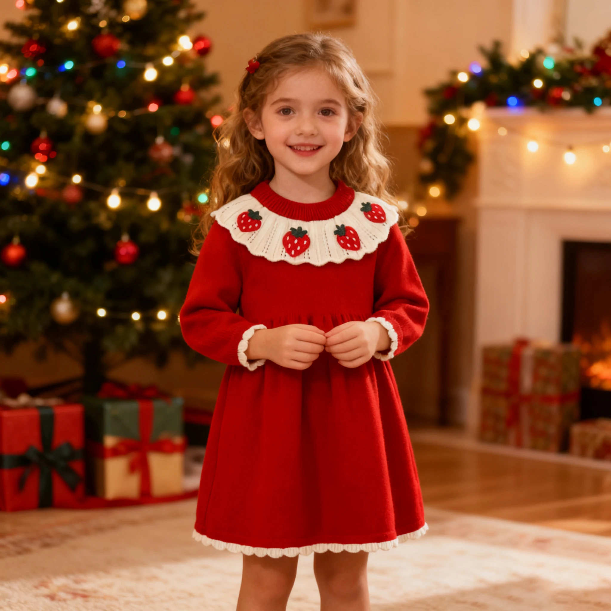 

Одежда для новорожденных, вязаный свитер с круглым вырезом и вышивкой клубники, юбка с длинными рукавами, свитер, осенне-зимнее рождественское платье для девочек