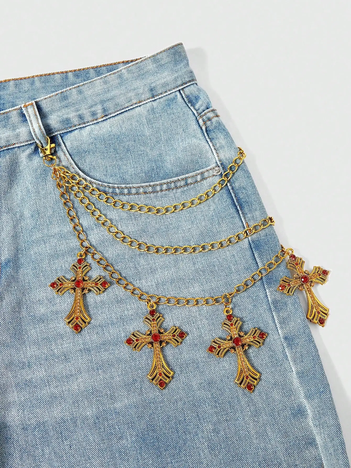 HERSHINE 1 piece fashion gold cross three-layer trouser chain rhinestone inlay unisex Y2K gothic style punk style Halloween cos