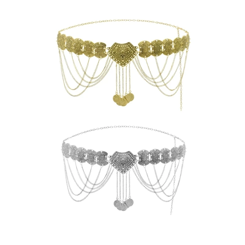 A2ES Ethnic Dress Chain Belt Hollowed Coin Waist Chain Formal Chain Waist Decoration