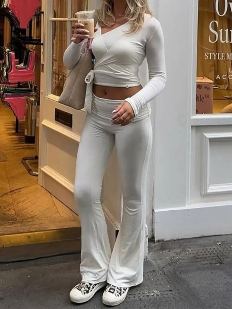 Women 2Piece Yoga Set Solid Fitted Full Sleeve Pilates Wrap T Shirt Ruched Pants Chic Female Workout Outfits Suit Y2K Tracksuits