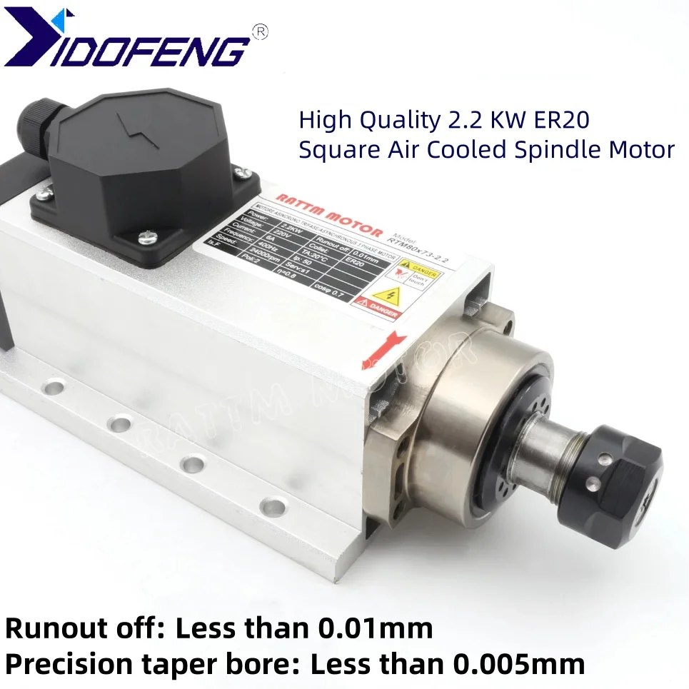 YIDOFENG 2.2kw ER20 220V Air Cooled Spindle Motor 24000rpm Runout off 0.01mm + 2.2KW Inverter VFD CNC Router Milling Kit