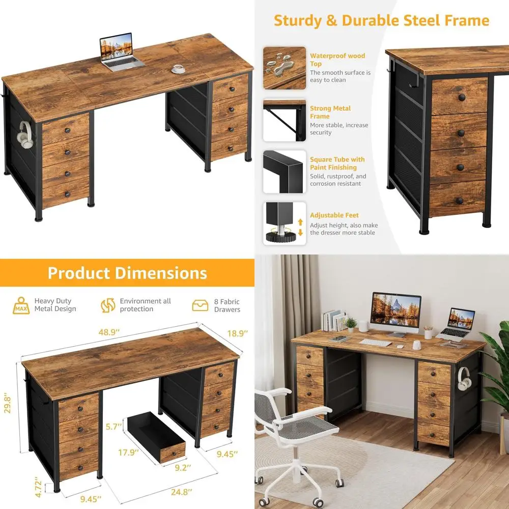 

Рабочий стол для дома и офиса 47 Rustic Brown с 8 тканевыми ящиками для учебы, работы и хранения