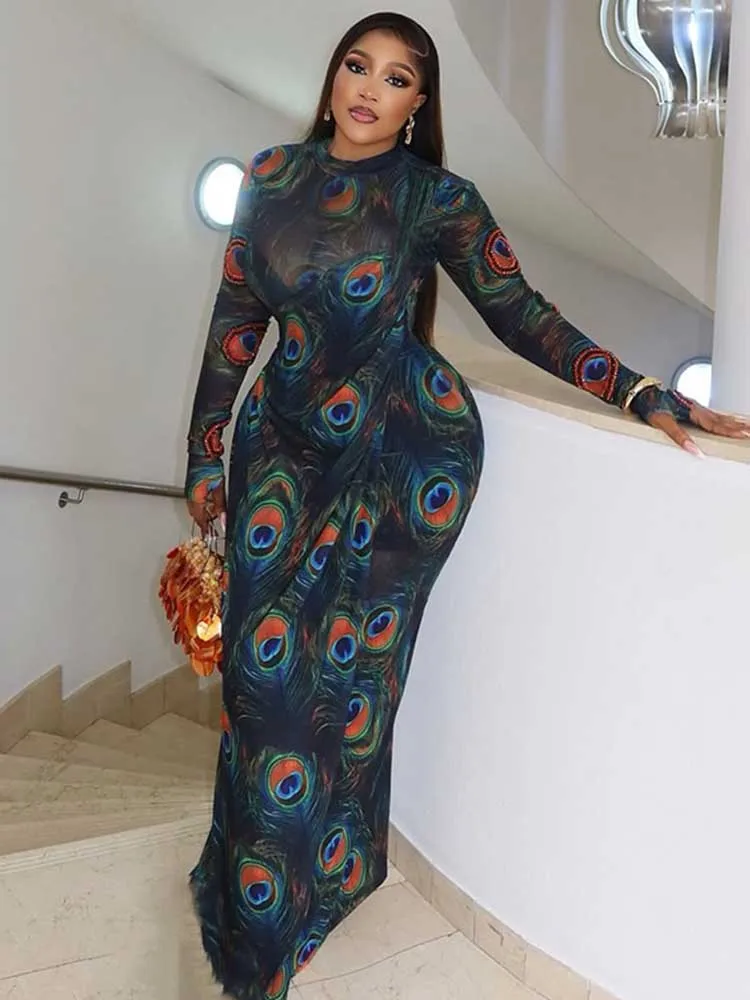 Vestidos de manga larga elegante cintura delgada transparente Sexy vestido verde oscuro mujer ropa de fiesta de noche vestidos ajustados Maxi