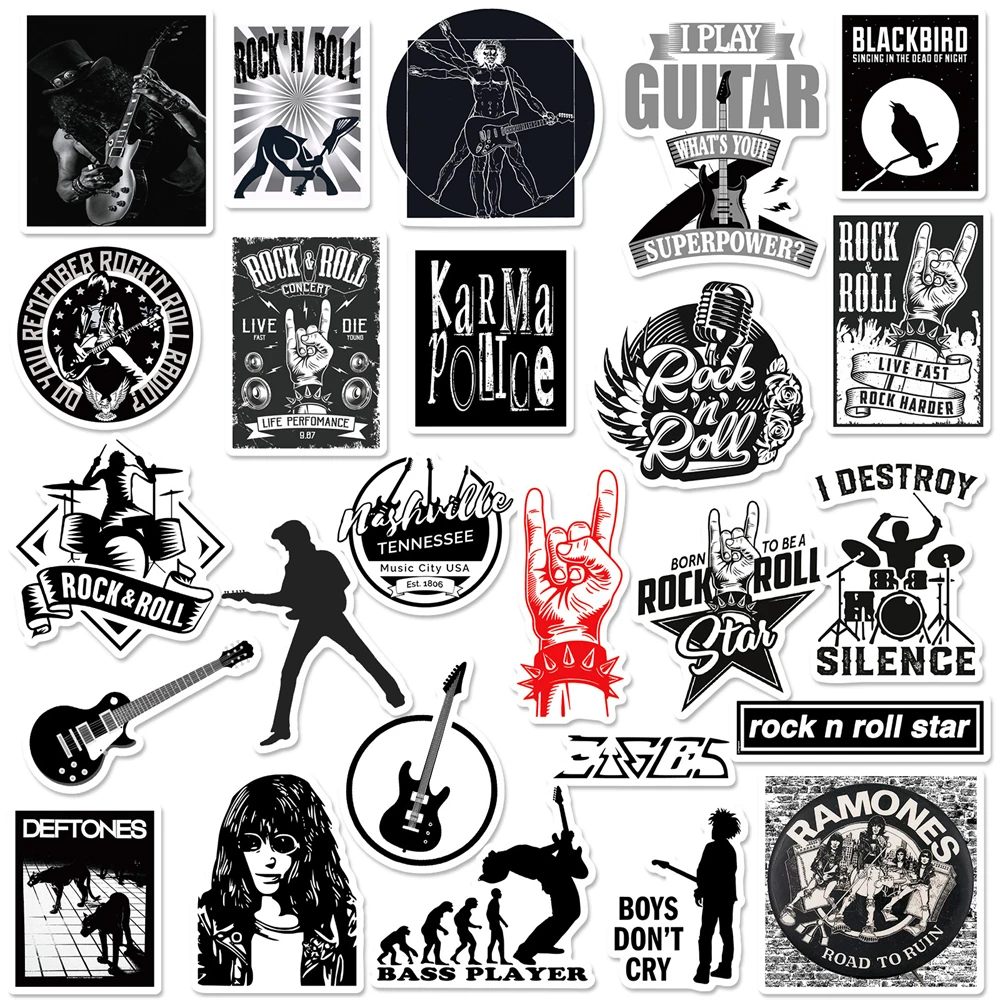 10/30/50PCS Cartoon Metal Rock Black and White Trend Graffiti Sticker Bike Skateboard Car Helmet Laptop Computer Wholesale