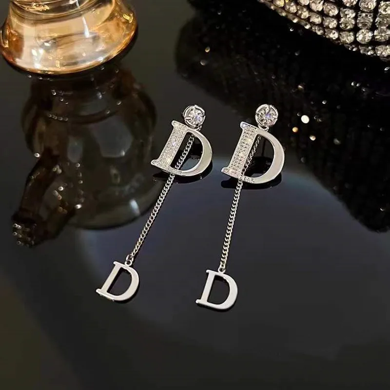 D Letter Tassel Earrings Female S925 Silver Needle New Luxury Shining Long Earrings for Women Korean Designer Jewelry Y2k