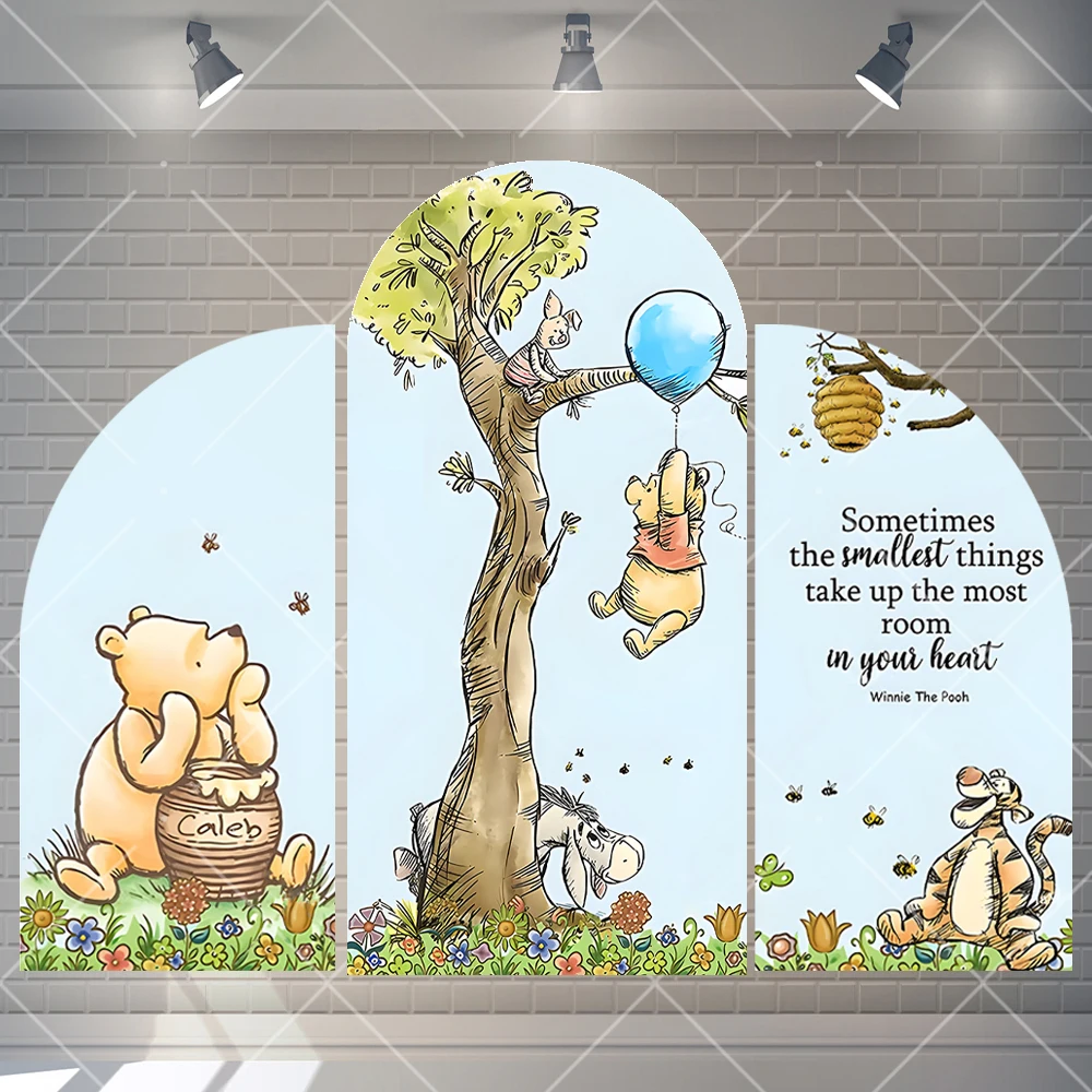 Fondo arqueado de Winnie the Pooh, decoración personalizada para fiesta de 1er cumpleaños de niños, decoración para Baby Shower, telón de fondo arqueado con globo azul