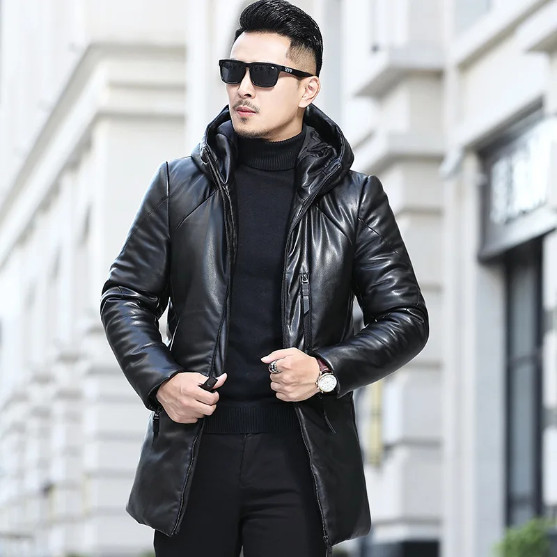 

Winter Leather Down Jacket Man Mid To Long Korean Slim Fit Youth Hooded Leather Windbreaker Casual Overcoat Puffer Jacket Men