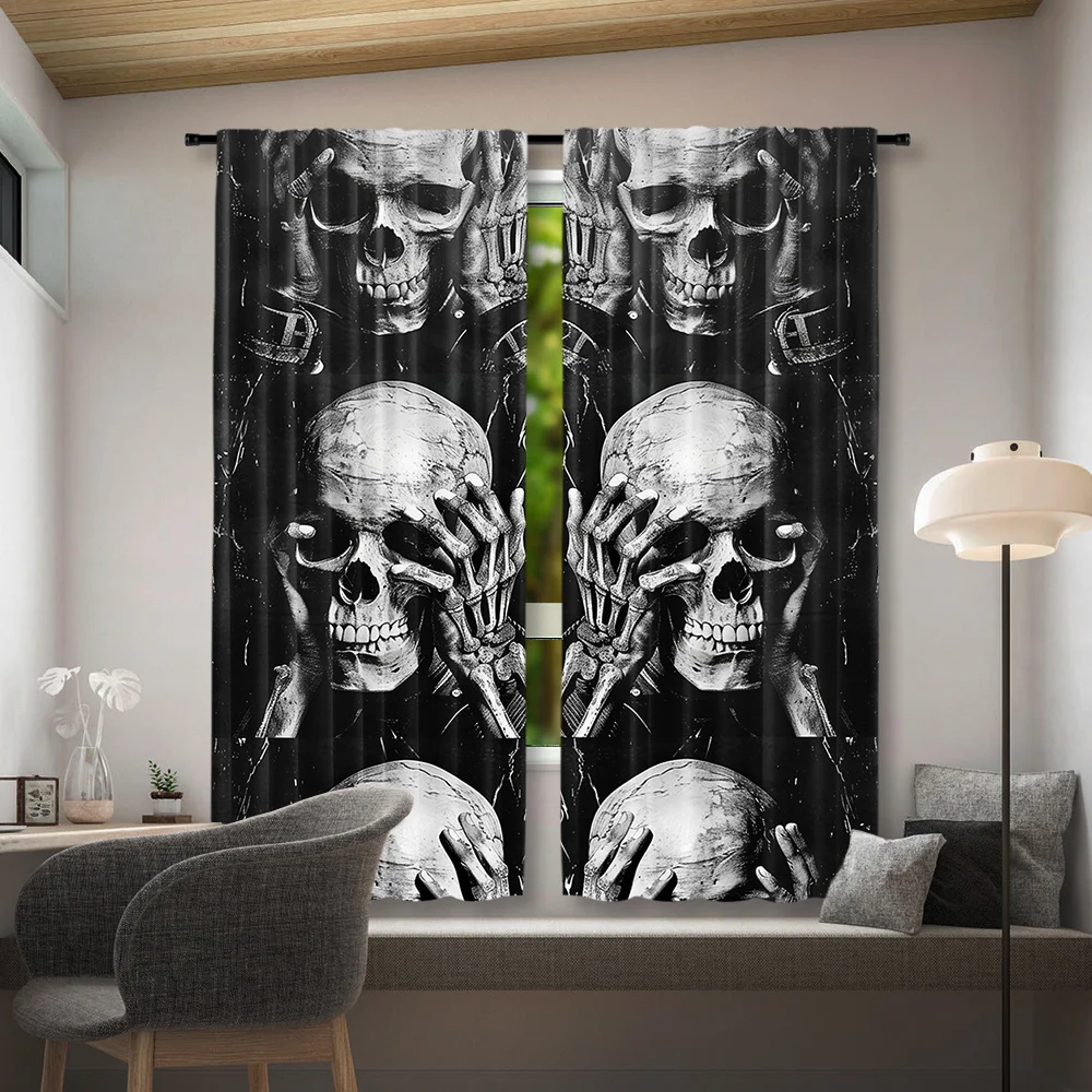 Gothic Skull Print Black Curtain Pair for Living Room Bedroom Haunted House Style Window Drapes