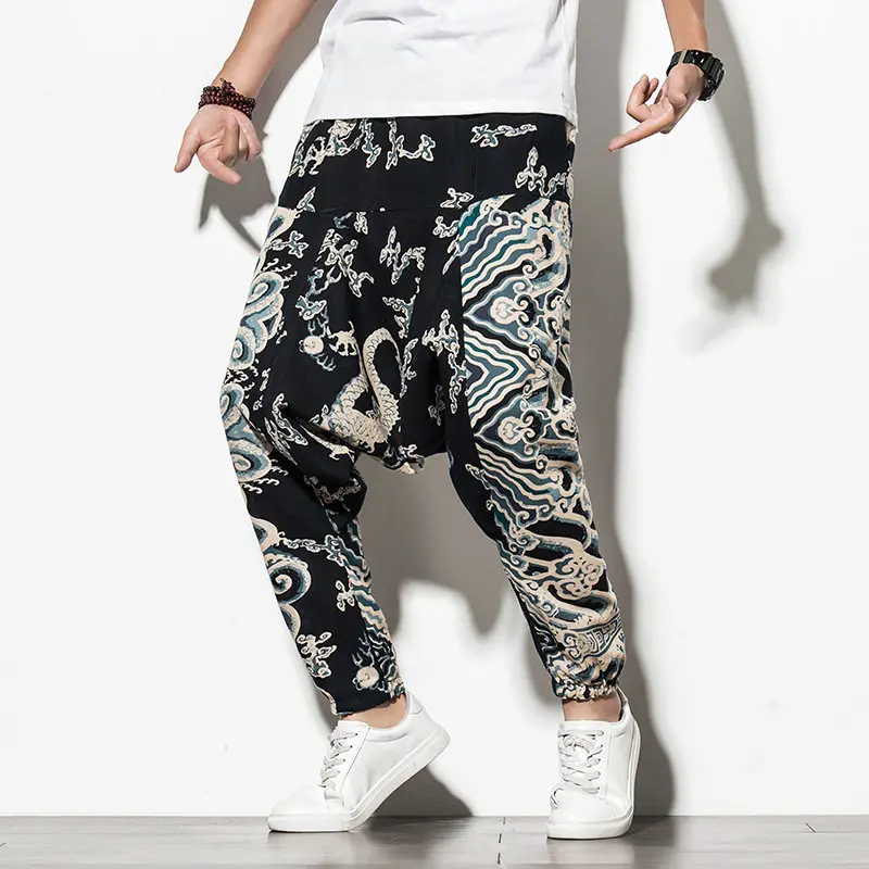 

2026 Summer Men Chinese Style Loose Harem Pants Man Thin Print Flower Hip Hop Trousers Man Casual Long Beach Pants