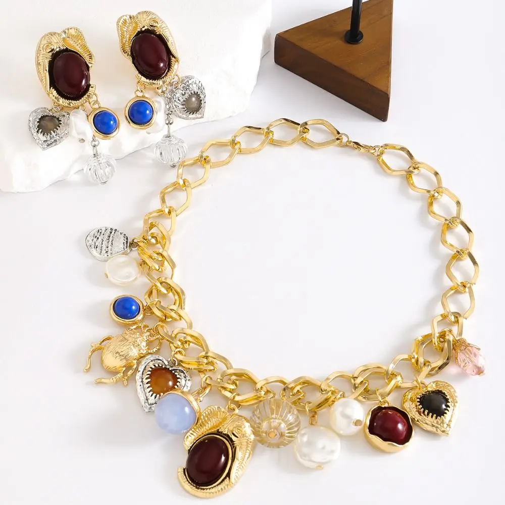 Punk Personality Multi Pendant Chain Necklace Jewelry Set Literature Collarbone Chain Retro Trend Vintage Earring Girl