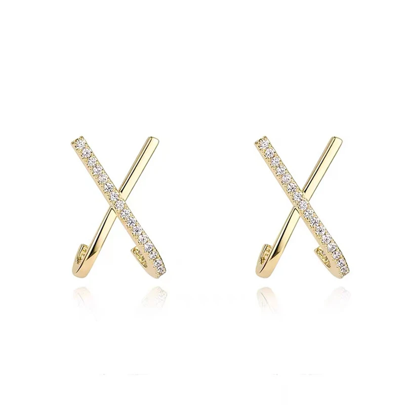 2023 New Design Metal Zircon Cross X Gold Colour Earrings For Woman Elegant Accessories For Korean Fashion Jewelry Party Girls