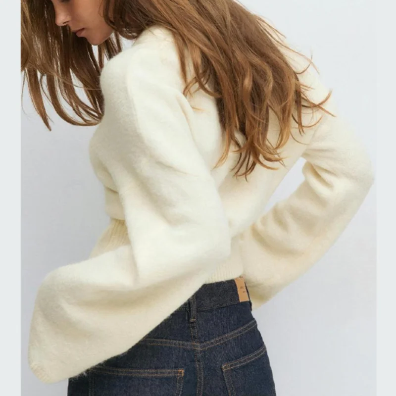 بلوفر أنيق محبوك سترة بلون بسيط متعدد الاستخدامات الاتجاه الكلاسيكي النساء بلايز أنيقة عادية ركاب الخريف سيدة الملابس #4