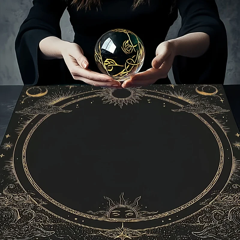 VIKAMA Sun Moon Cloud Tarot Altar Cloth Black Golden Border Witchy Table Mat for Divination Tarot Card Reading